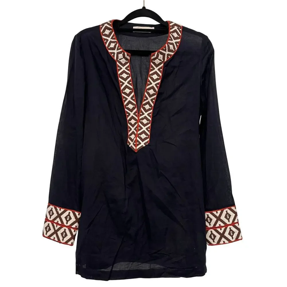 Tory Burch Tunic Long Sleeve Top Navy‎ Size 4 Tribal Beach Cover Embroider Sheer
